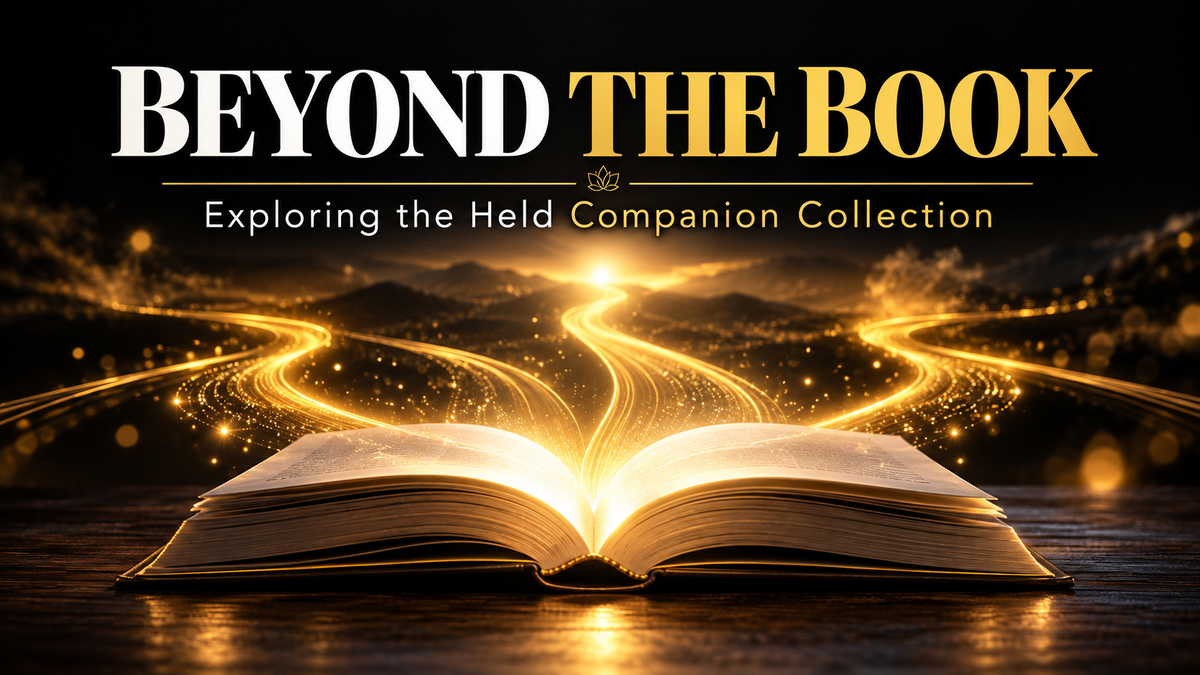 Beyond the Book — editorial illustration of an open book and golden paths for the Held Companion Collection