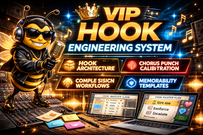 VIP Hook Engineering System cover with pro bee mascot, studio setup and chorus punch visuals 16:9
