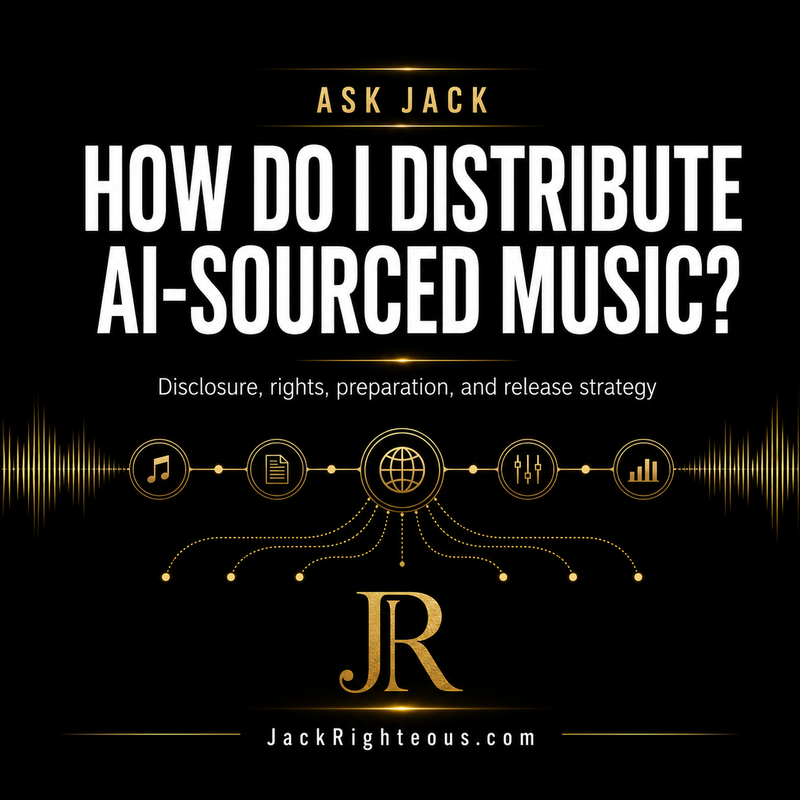 Ask Jack guide explaining how to distribute AI-sourced music with disclosure, rights, preparation, and release strategy