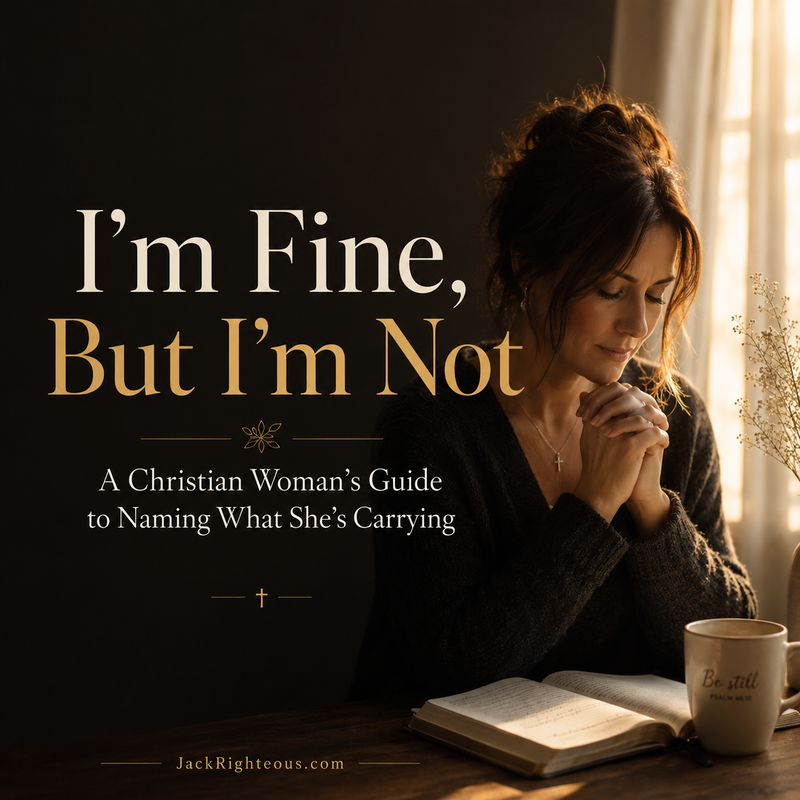 Christian woman praying beside an open Bible with headline I’m Fine, But I’m Not for faith-based reflection.