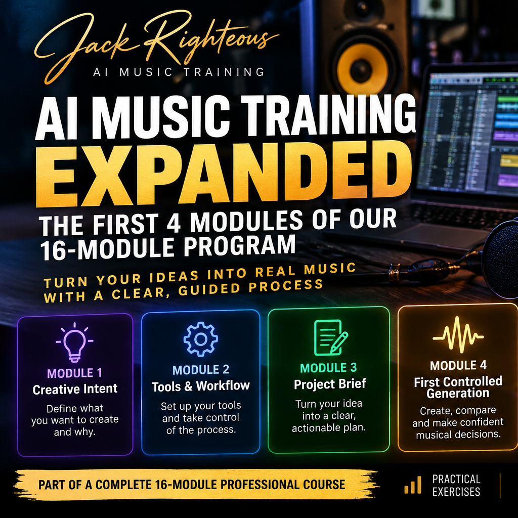 Jack Righteous AI Music Training Expanded: FIND Modules 1–4 of the 16-module Professional AI Music Technology program.