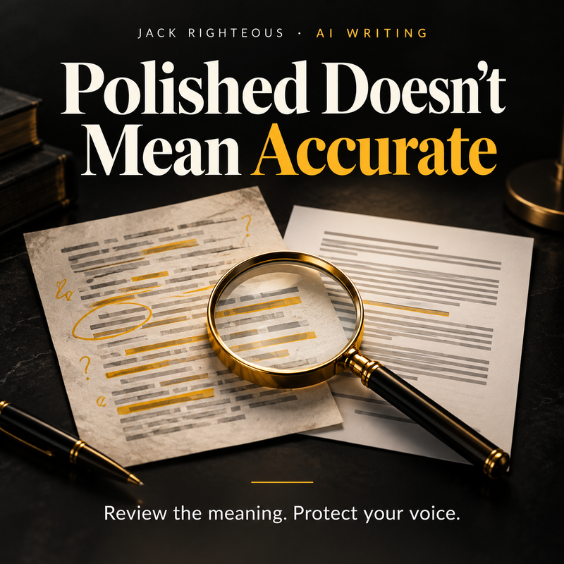 What to check before accepting an AI rewrite — compare the original and revised drafts under a magnifying glass to verify facts, meaning, and voice