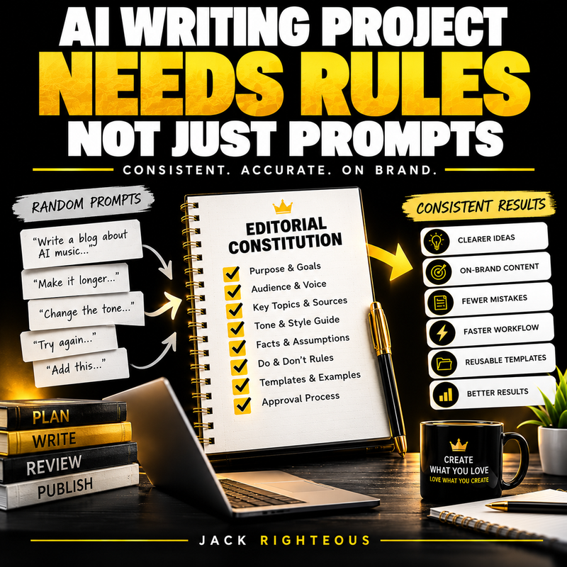 Jack Righteous AI Writing Project Needs Rules, Not Just Prompts cover illustrating project editorial rules and consistent writing, black white and gold.