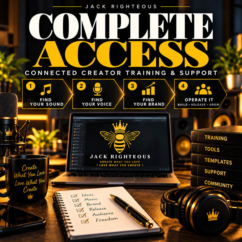 Complete Access by Jack Righteous: black-and-gold creator workspace with the Sound, Voice, Brand and Operate It development stages, training and support