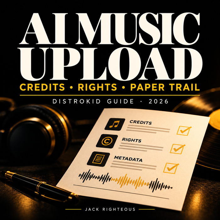 Jack Righteous DistroKid AI music upload guide cover showing a checklist for credits, rights and metadata against a black and gold studio background
