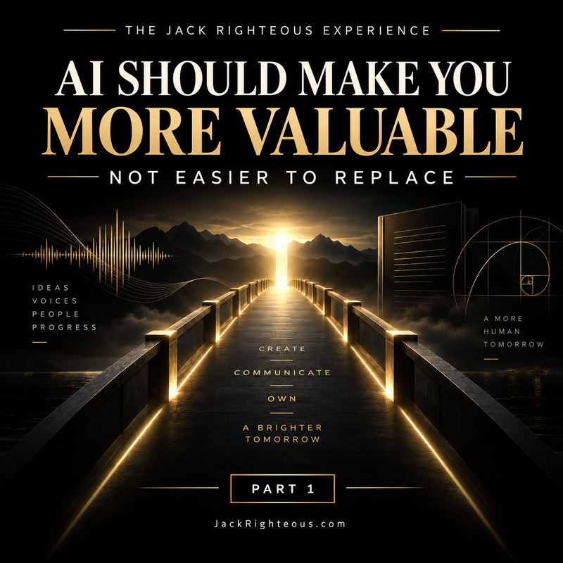 The Jack Righteous Experience Part 1 cover showing a gold-lit bridge beneath the words AI Should Make You More Valuable, Not Easier to Replace.