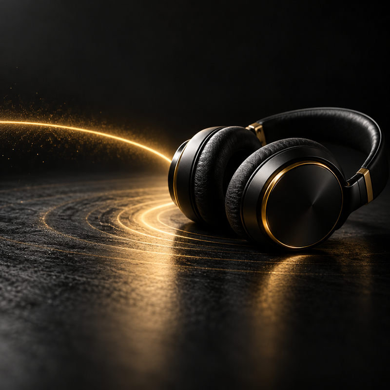 Black studio headphones illuminated by a single gold signal trail, symbolizing the first listener discovering AI-created music.
