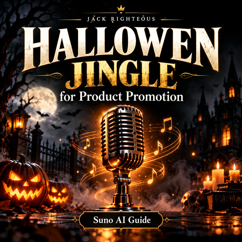 Halloween Jingle for Product Promotion — Suno AI Guide by Jack Righteous, vintage microphone with Halloween pumpkins