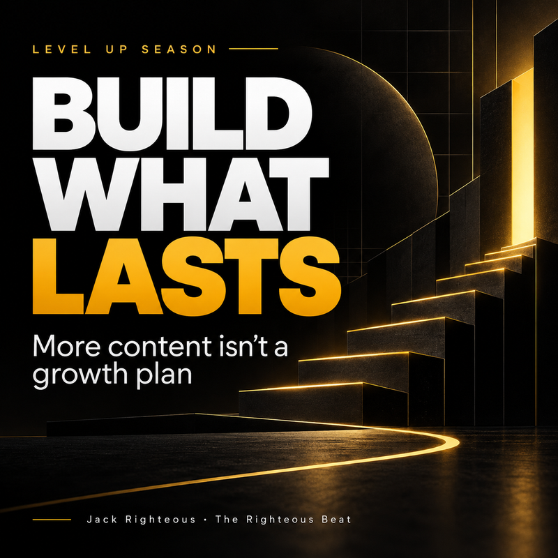Level Up Season: Build What Lasts. Black, white and gold cover art with an ascending path and the message More content isn't a growth plan.
