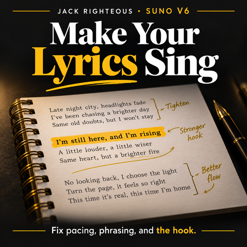 Make Your Lyrics Sing — Suno V6 custom lyrics writing guide, showing revised song lyrics with gold highlighting for stronger hooks and smoother phrasing