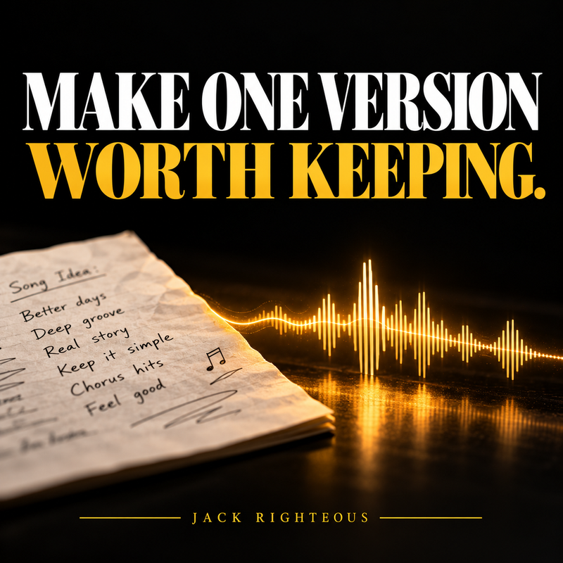 Jack Righteous Musicfy guide cover reading Make One Version Worth Keeping; a handwritten song idea turns into a glowing gold waveform against black.