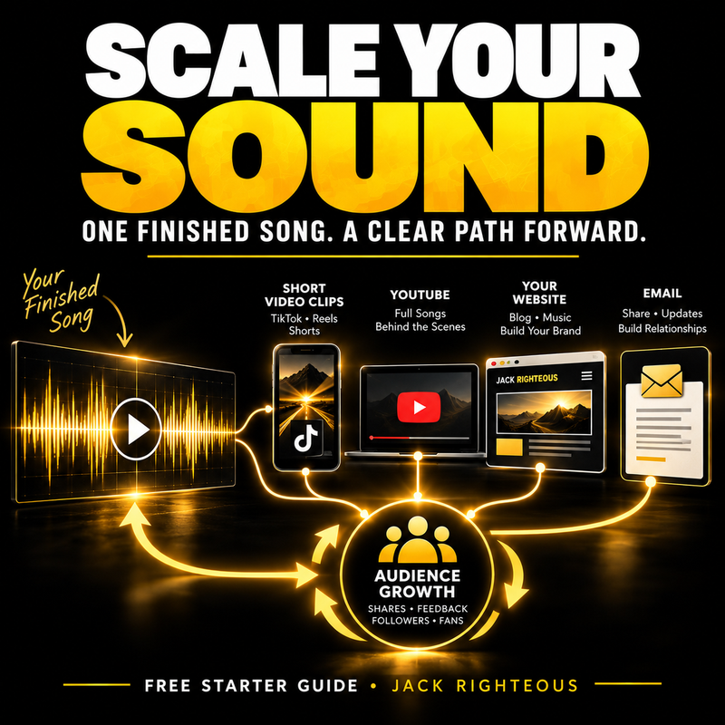Scale Your Sound free starter guide cover: one finished AI song feeding short video, YouTube, an owned website, email and an audience feedback loop, in black, white and gold.