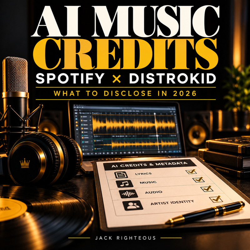 Jack Righteous Spotify and DistroKid AI Music Credits 2026 cover with black-and-gold studio equipment and disclosure checklist for lyrics, music, audio, and artist identity
