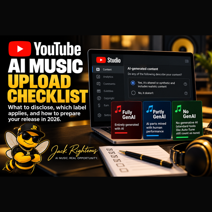 Jack Righteous YouTube AI Music Upload Checklist 2026 cover: upload, AI disclosure and three music labels