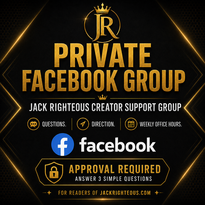 Promotional graphic for a private Facebook group with gold and black design elements.
