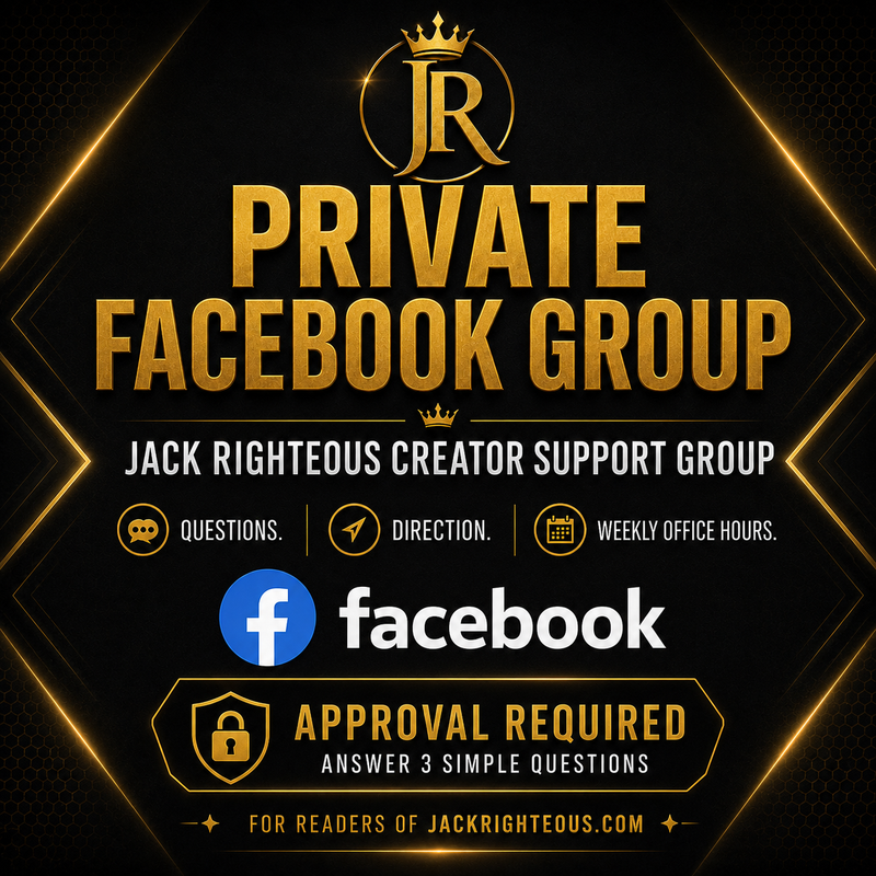 Promotional graphic for a private Facebook group with gold and black design elements.