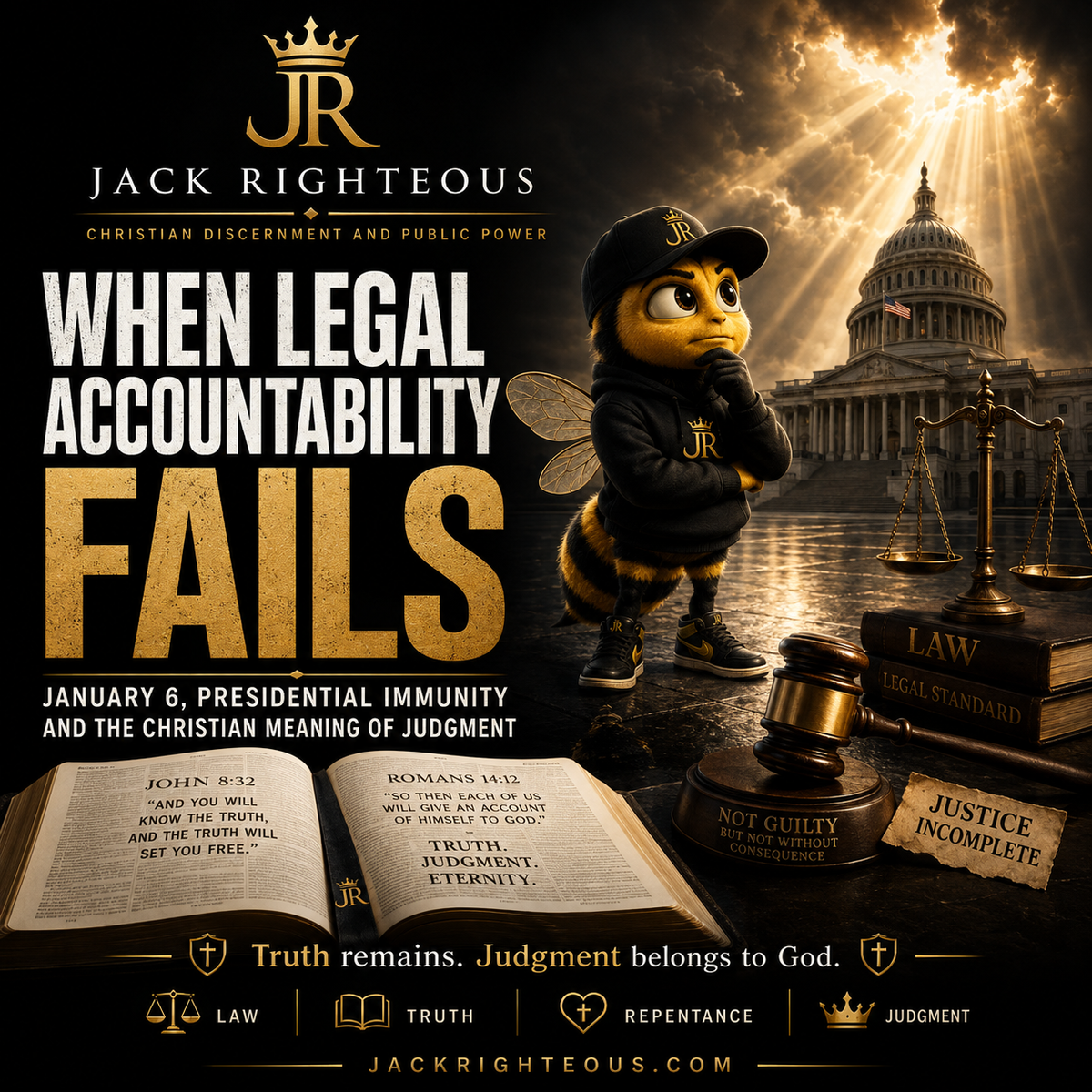 Bee Righteous weighs law, truth and judgment before the U.S. Capitol, exploring January 6 and presidential immunity.
