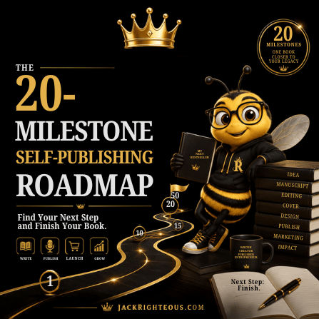 Jack Righteous 20-Milestone Self-Publishing Roadmap with crowned JR logo and Bee Righteous mascot