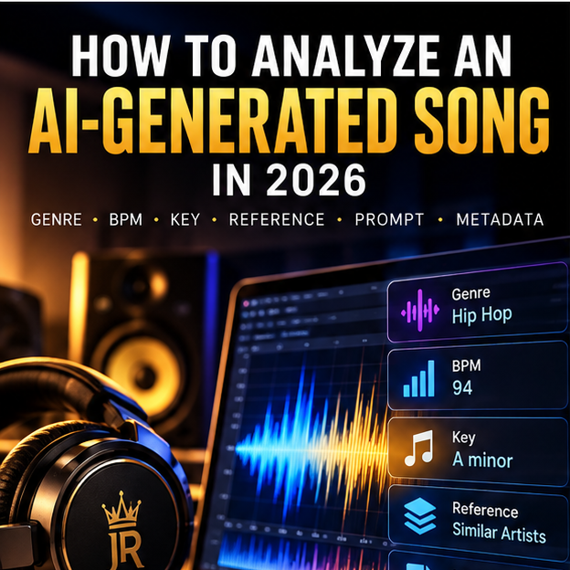 AI-generated song analysis guide showing genre, BPM, key, reference and metadata workflow