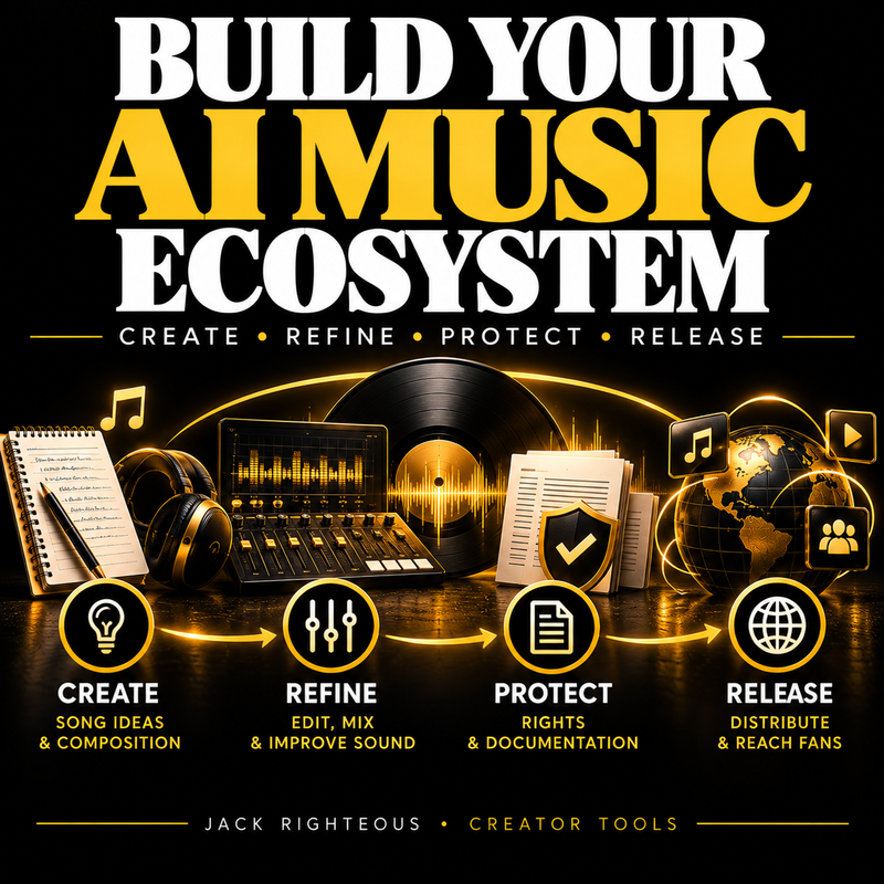 Build Your AI Music Ecosystem: create, refine, protect and release original music with a rights-aware Jack Righteous workflow.