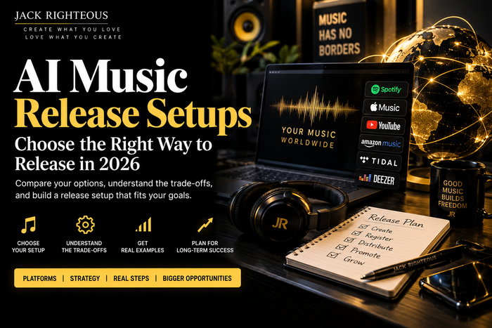 AI Music Release Setups 2026 guide cover with black and gold studio desk, release planning checklist, global music distribution imagery, and no people