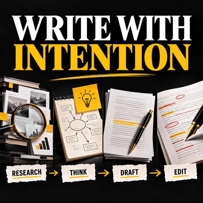 Write with intention: four stages of AI-assisted writing — research, think, draft, edit.