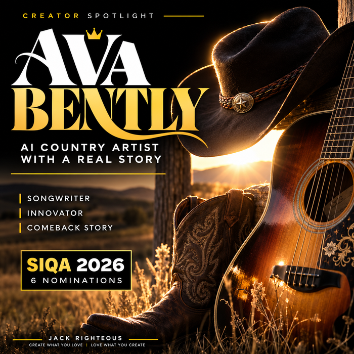 Ava Bently Creator Spotlight — sunset country guitar, cowboy hat, boots; six SIQA AI Music Awards nominations; no artist or creator portrait