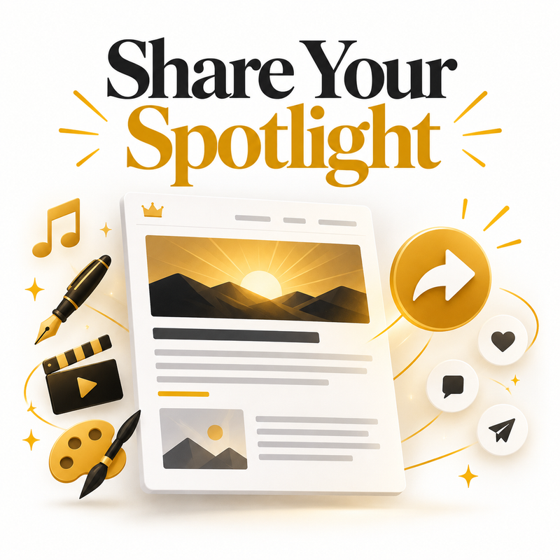 Share Your Spotlight cover illustration featuring a published article, sharing symbols, and gold-and-black music, film, writing and art icons on a white background.