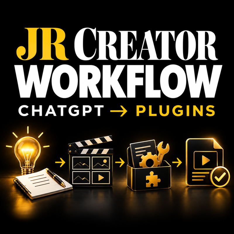 Jack Righteous Creator Workflow: ChatGPT to Plugins, showing idea, storyboard, plugin and completed video in black, white and gold