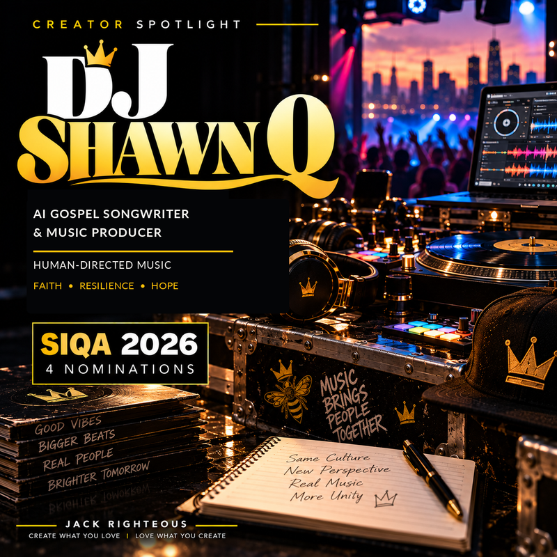 DJ Shawn Q — human-directed gospel songwriting and AI-assisted production, cinematic music studio and four 2026 SIQA nominations; no artist portrait