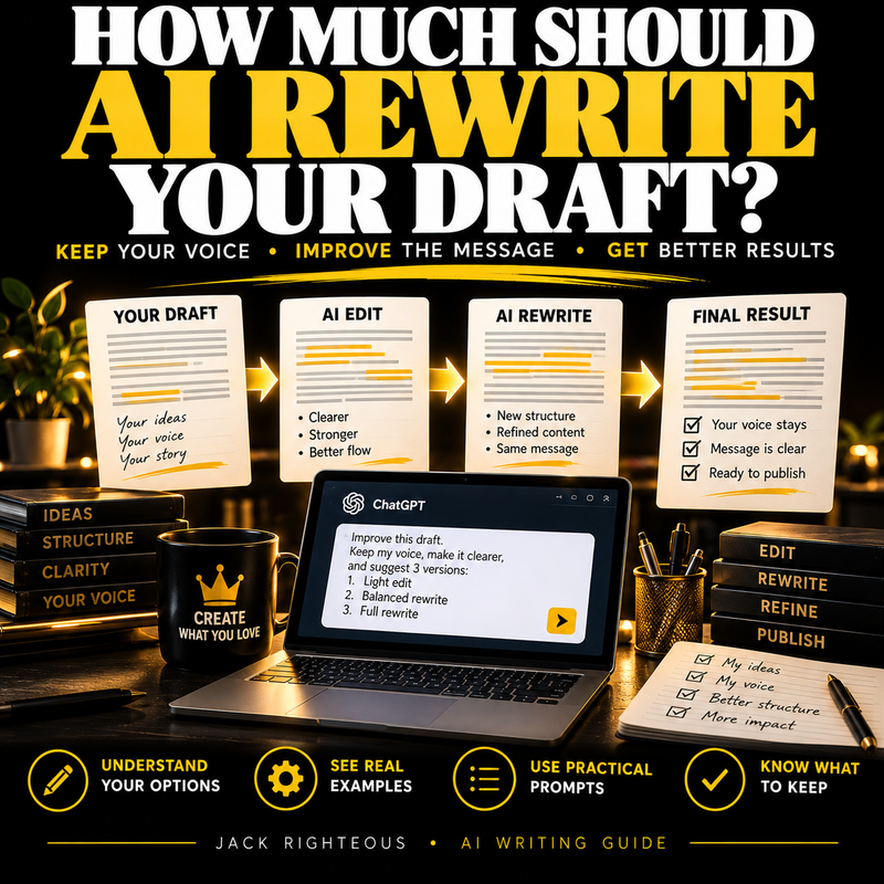 AI writing editing guide: original draft, AI edits, rewrite options and approved final draft, with emphasis on preserving the author's own voice and message.