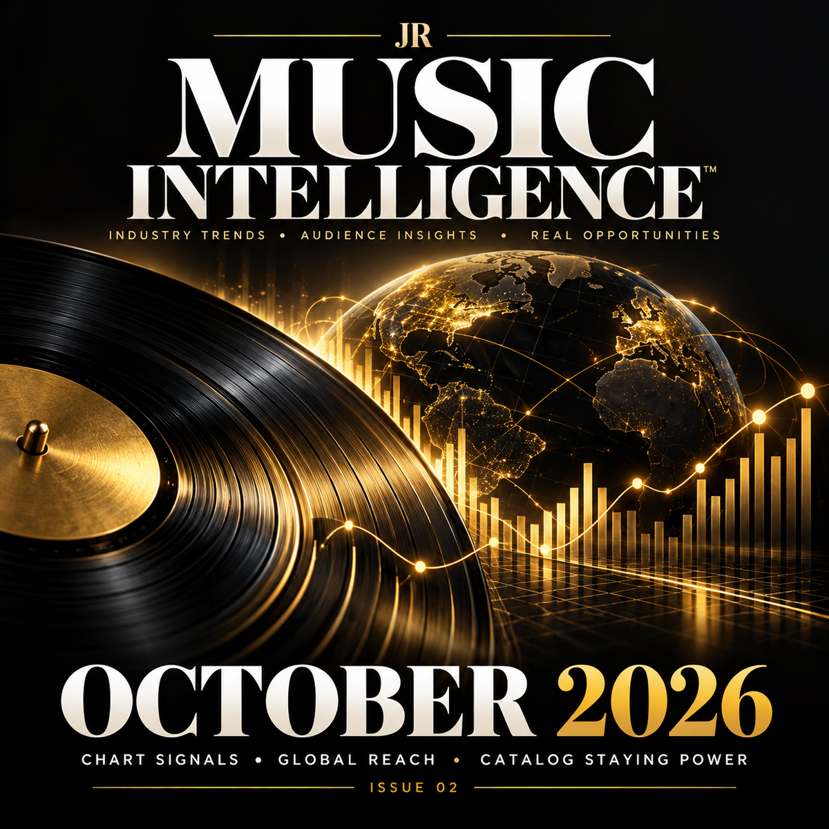 JR Music Intelligence October 2026 Issue 02 cover featuring a vinyl record, gold world map and music chart signals