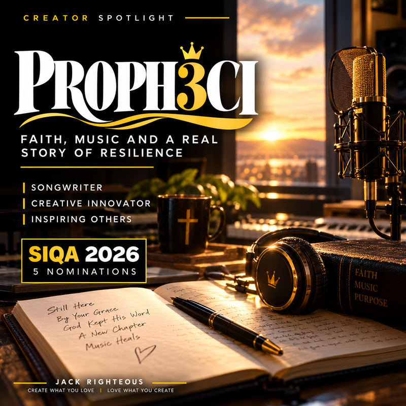 Proph3ci — creator-led songwriting, faith-inspired music studio with gold microphone, lyrics and headphones; five SIQA 2026 nominations; no portrait of Lara Kent