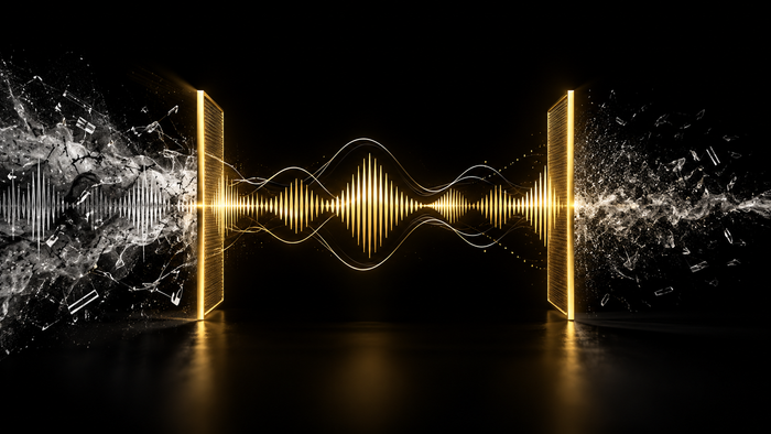 Abstract gold audio waveform passing through filters on a black background, representing Suno exclusion prompting and creative constraint control
