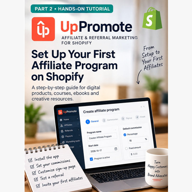 UpPromote for Shopify digital products setup tutorial: illustrated program screen and step-by-step checklist