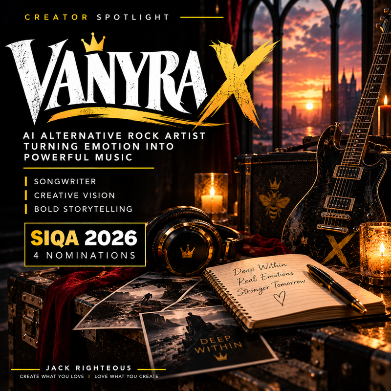 VANYRA X Creator Spotlight — black electric guitar in a gothic alternative rock setting and Deep Within notebook; four SIQA 2026 nominations, no fictional artist portrait
