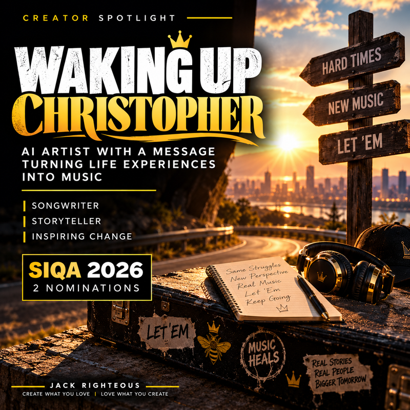 Waking Up Christopher — Let ’Em and Lightwalker cinematic road to sunrise with lyric notebook and music case, two 2026 SIQA nominations; no portrait
