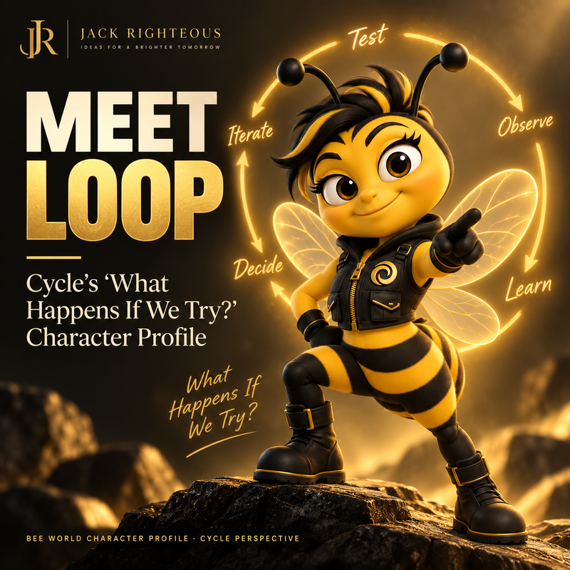 Loop bee character profile cover representing testing, iteration and asking what happens if we try