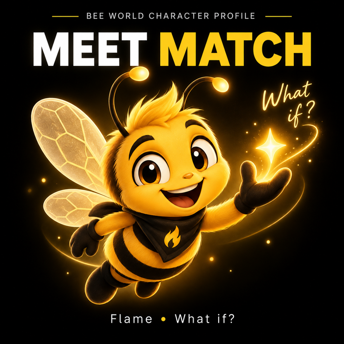 Match bee character profile cover representing possibility, creative direction and the question what if