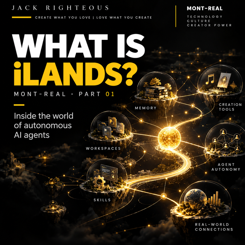 Mont-Real iLands technology map showing memory, tools, workspaces, skills, autonomous agents and external connections in gold on black.