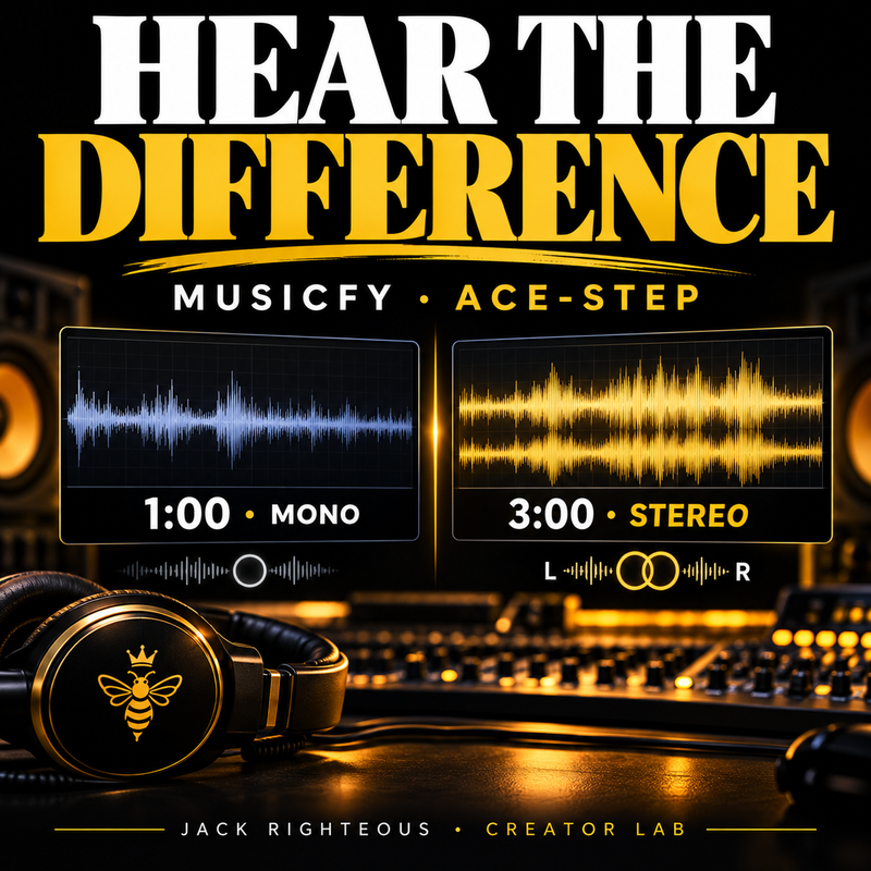 Musicfy ACE-Step instrumental experiment: one-minute mono and three-minute stereo audio waveforms in a Jack Righteous Creator Lab cover.