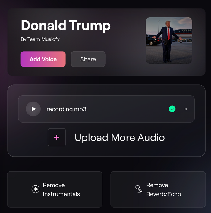 Musicfy Donald Trump parody voice page with an uploaded spoken-word recording