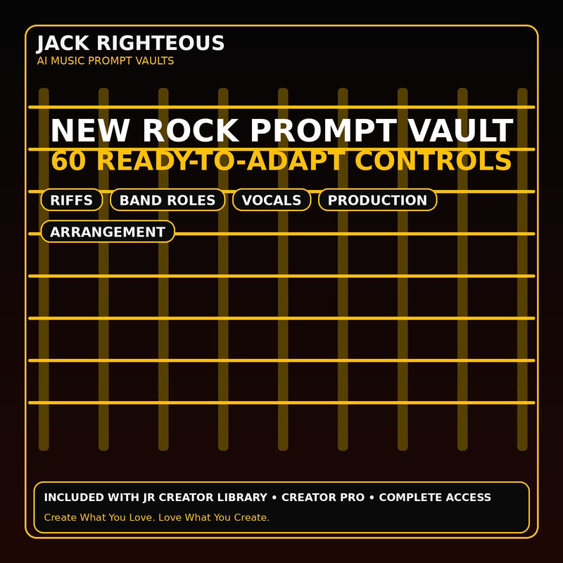 New Rock Prompt Vault with 60 ready-to-adapt AI music controls included with JR access