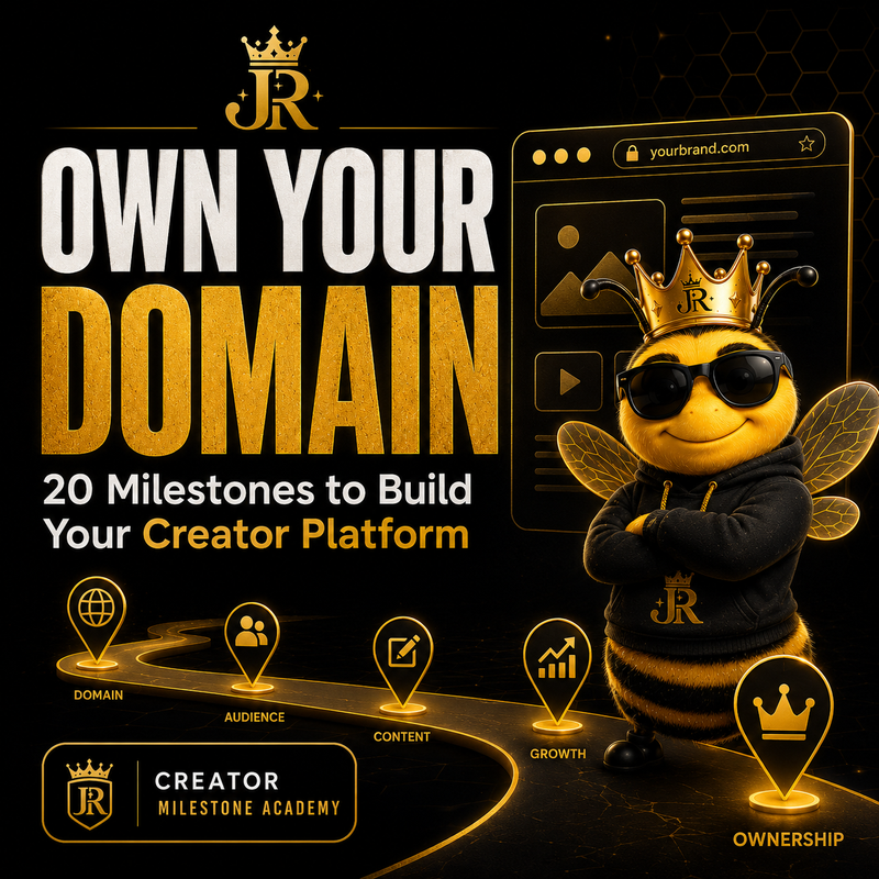 Own Your Domain 20-Milestone roadmap cover featuring Bee Righteous and JR crown branding
