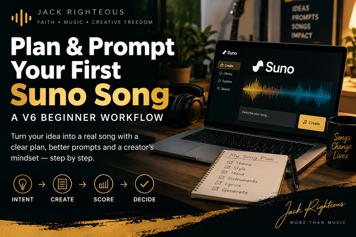 Plan and Prompt Your First Suno Song — V6 beginner workflow with intent, create, score and decide steps.