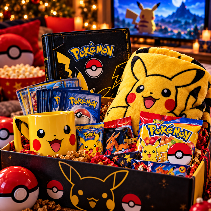 Pokémon-themed gift box with Pikachu blanket, mug, trading cards, snacks and Poké Ball decorations in a cozy holiday game-night setting
