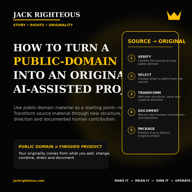 Jack Righteous cover for How to Turn a Public-Domain Story Into an Original AI-Assisted Project, showing a source-to-original workflow for rights and transformation.