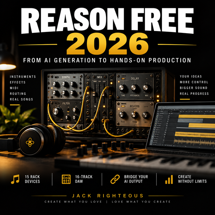 Reason Free 2026 Jack Righteous cover showing a modular music production rack, DAW, headphones and MIDI keyboard for hands-on AI-assisted production.
