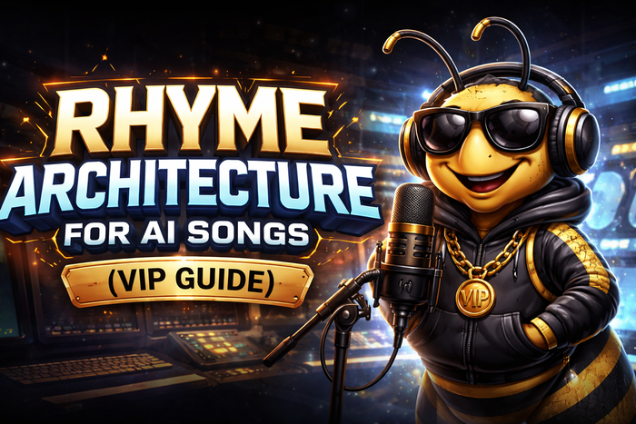 VIP Rhyme Architecture for AI Songs cover with pro bee mascot, headphones and studio mic, black background 16:9