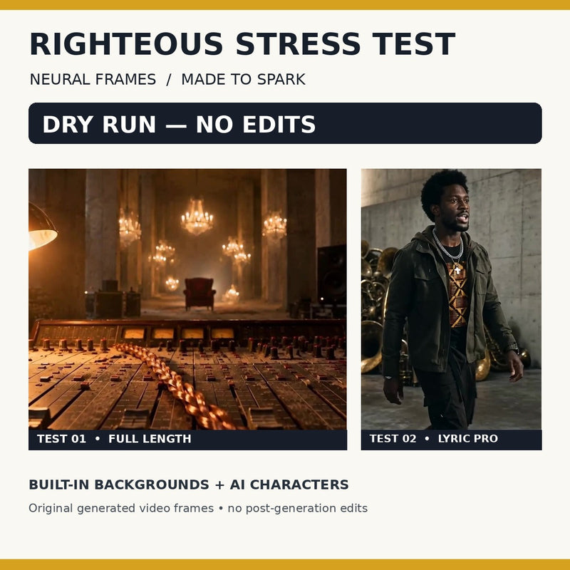 Righteous Stress Test — Dry Run No Edits; actual frames from two Neural Frames Made to Spark video outputs